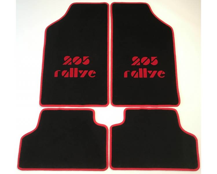 Tapis de sol ROUGES pour 205 RALLYE avec COUTURES ROUGES et LOGOS NOIRS en  position CENTRALE HORIZONTALE