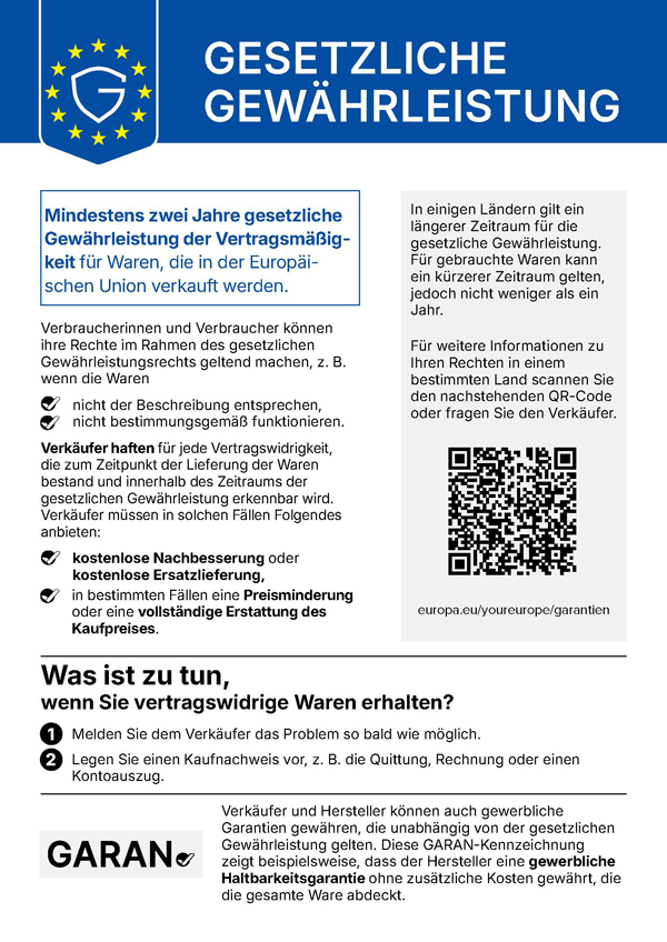 Harmonisierter Hinweis zur gesetzlichen Konformitätsgarantie : 2 Jahre