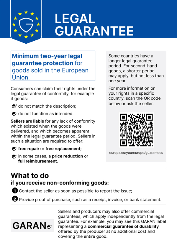 Harmonised notice on the legal guarantee of conformity : 2 years